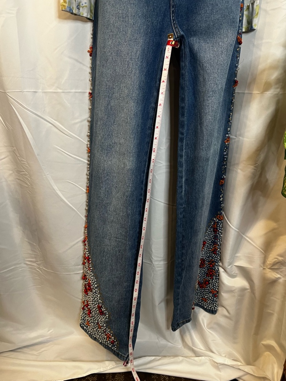 DG2 Diane Gilman Blue Wide-Leg Jeans with Red Floral Pearls & Crystals - Picture 5 of 16